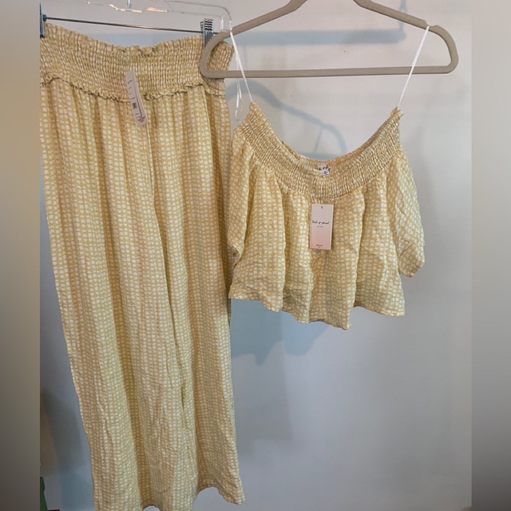 Yellow Smocked Off-Shoulder Top and Pants Set in Butter Yellow(sunflower)/white